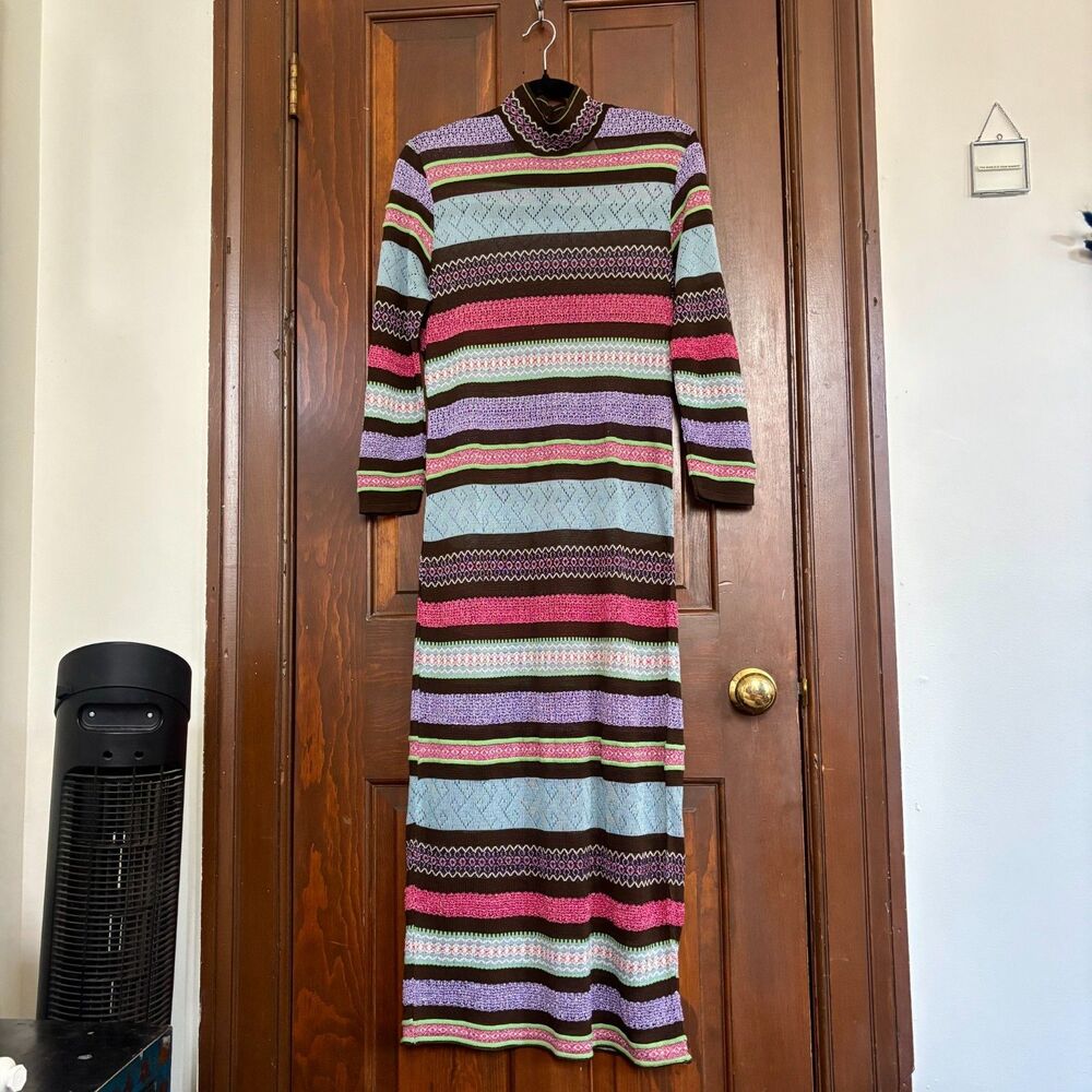 Bazar Christian Lacroix Metallic Knit Turtleneck Dress Striped Vintage Y2K Sz XL